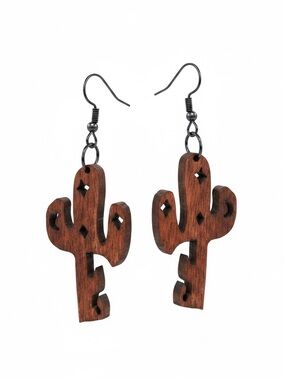 Wooden Cactus Dangle Earrings - Brown